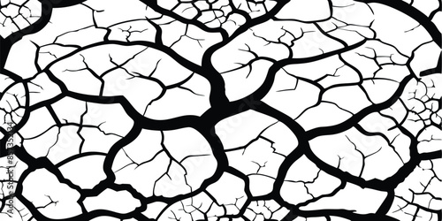 Cracked earth texture vector illustration, detailed black and white pattern of dry, cracked soil, abstract drought, environmental concept