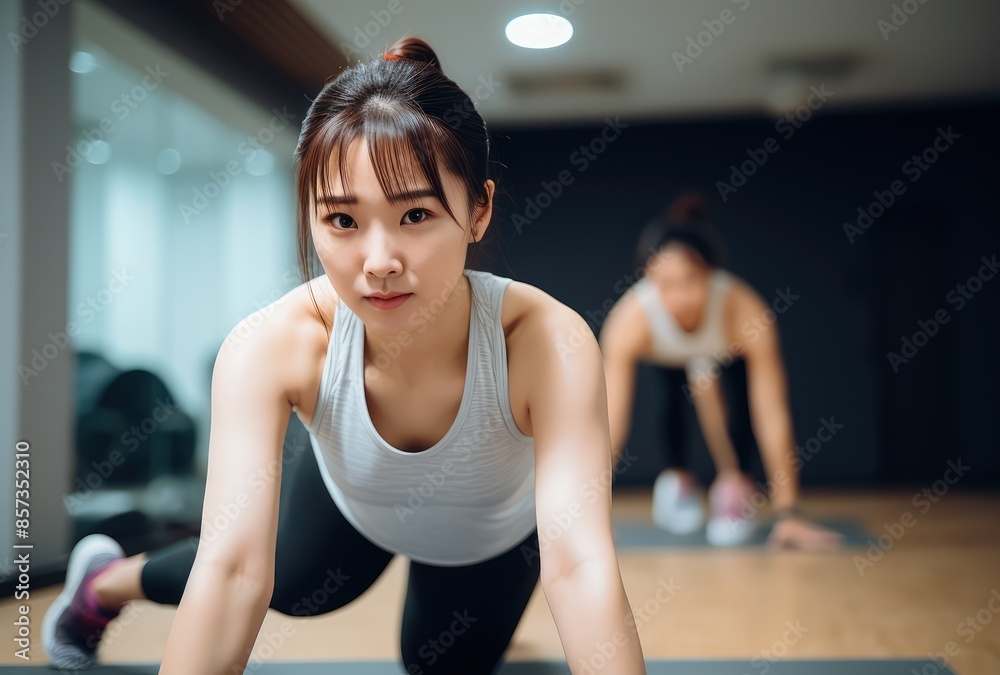 Young asian woman doing push-ups in the gym, healthy lifestyle concept Young asian woman doing push-ups in the gym, healthy lifestyle concept