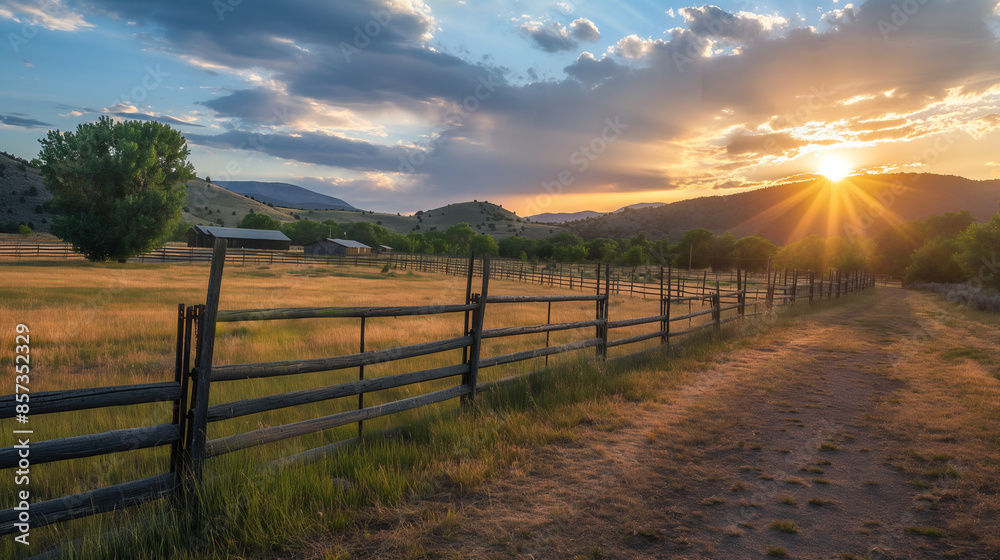 A beautiful rural landscape captured at sunset with a wooden fence, open fields, and distant hills under a dramatic sky. A beautiful rural landscape captured at sunset with a wooden fence, open fields, and distant hills under a dramatic sky.