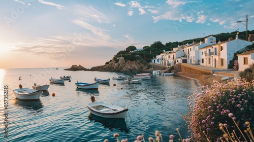 Fototapeta Naklejka Na Ścianę i Meble -  A picturesque seaside village with white-washed houses, narrow cobblestone streets, and fishing boats bobbing in the harbor under a clear blue sky