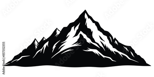Detailed black and white vector illustration of mountain range silhouette with snowy peaks