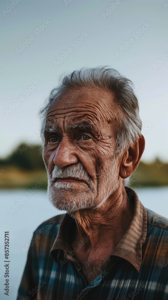 A close-up portrait of an elderly man with a thoughtful expression