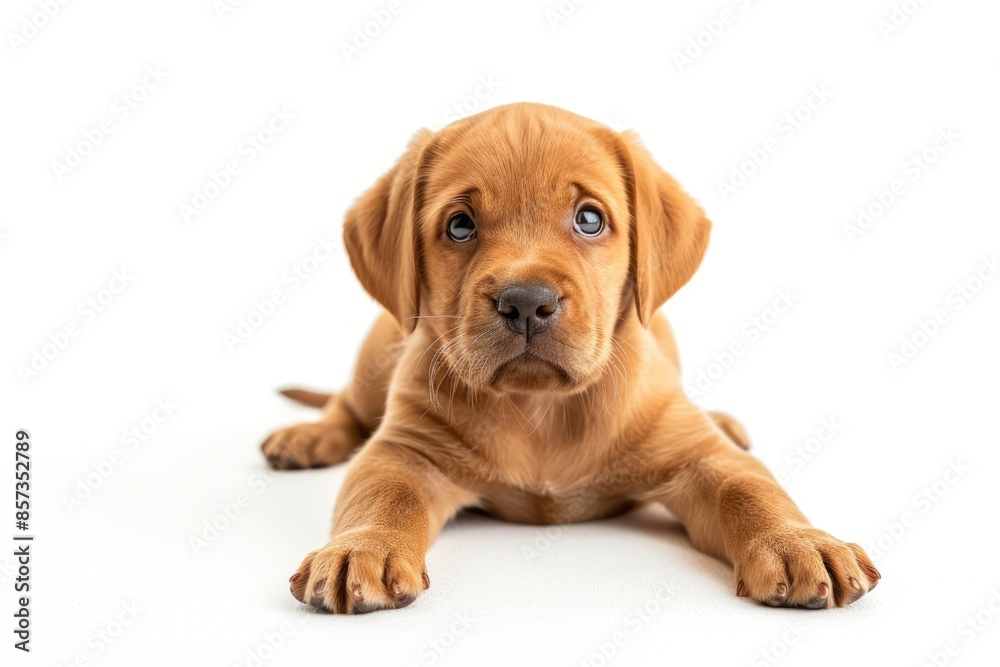 Dog Standing on White Background. Labrador Puppy in Studio, Playful and Curious with Goofy Expression