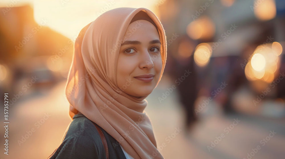 A woman wearing a hijab smiles warmly at the camera during sunset, surrounded by the golden light and a blurred urban landscape. A woman wearing a hijab smiles warmly at the camera during sunset, surrounded by the golden light and a blurred urban landscape.