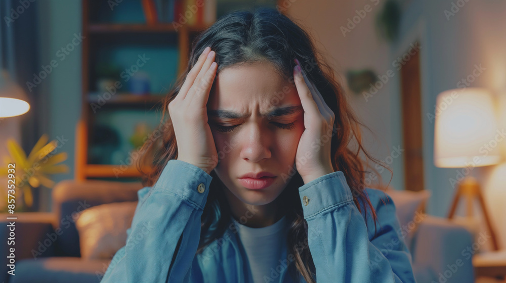 A young woman in a casual home setting looks distressed and frustrated, holding her head with both hands, exemplifying stress and worry. A young woman in a casual home setting looks distressed and frustrated, holding her head with both hands, exemplifying stress and worry.