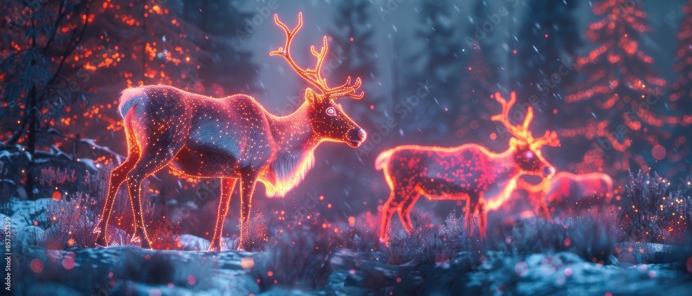 Fototapeta premium Neon reindeers in a tundra