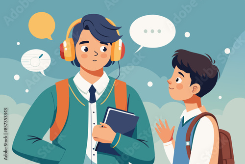 Listen carefully to what someone is saying One of them is a high school student No headphones. Illustrator Artwork Illustrator Artwork