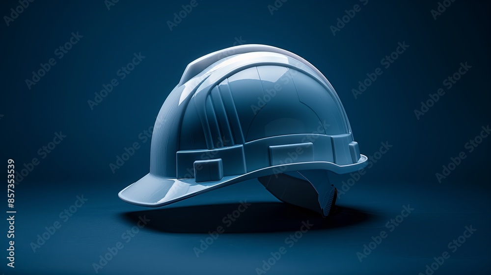 White safety helmet isolated on dark blue background, Side view, Safety first concept. White safety helmet isolated on dark blue background, Side view, Safety first concept.