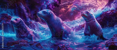 Neon sea lions on a rocky shore photo