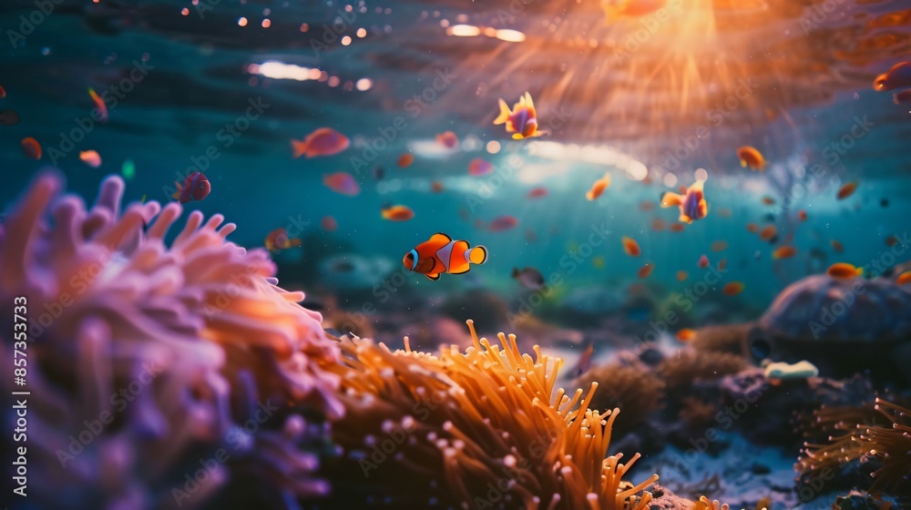 Fototapeta premium A stunning underwater view of a coral reef, with a diverse array of marine life, including colorful fish, sea turtles, and anemones swaying in the current