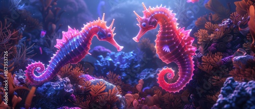 Neon seahorses in an underwater scene