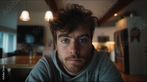 A close-up portrait of a young man with blue eyes and brown hair in a casual setting © Ananncee Media