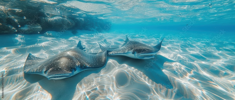 Naklejka premium Neon stingrays in shallow waters