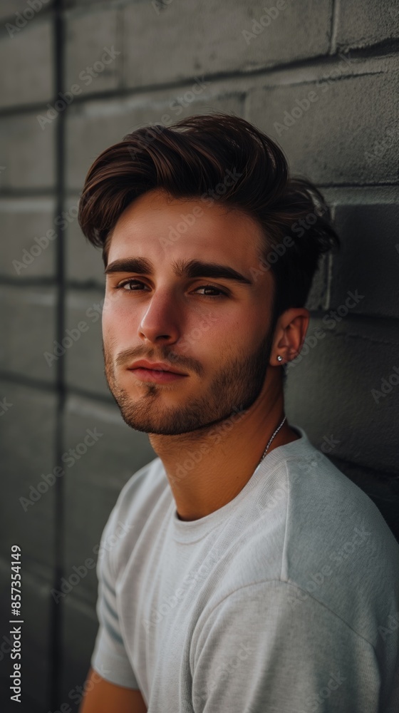 Fototapeta premium A young man in a white t-shirt leans against a brick wall