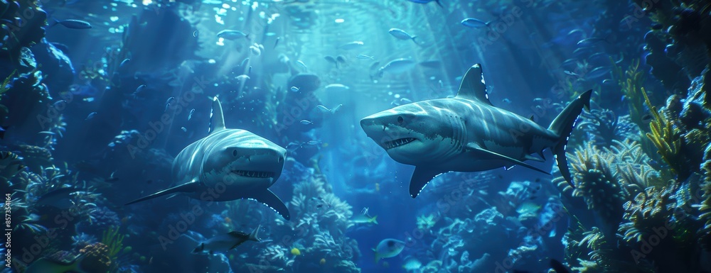 Fototapeta premium Neon underwater scene with sharks, , glowing marine predators