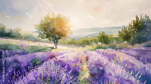 A watercolor painting of a lavender landscape, with vibrant purples and greens blending seamlessly, capturing the essence of a breezy summer day
