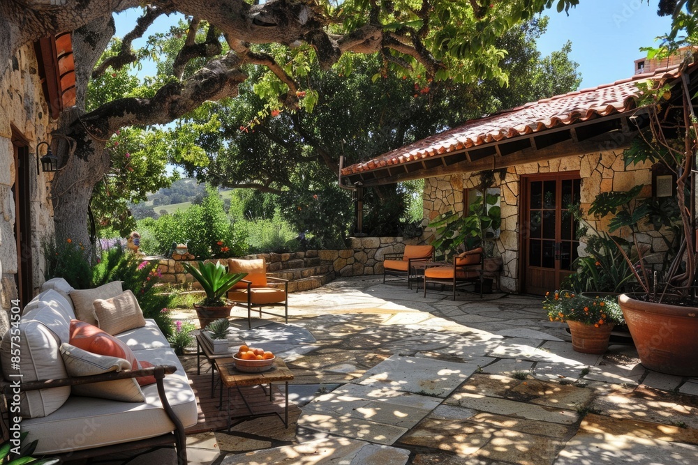 Obraz premium Patio Outdoor Furniture. Sunlit Yard with Stone Pit on Back Porch in California Home