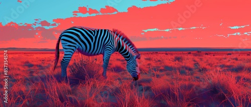 Neon zebras grazing on the plains photo