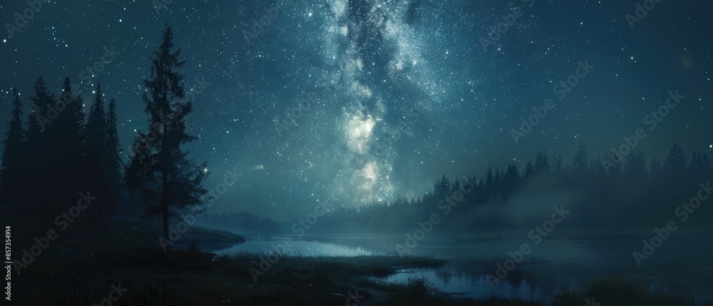 Night sky with the Milky Way over a quiet forest Night sky with the Milky Way over a quiet forest