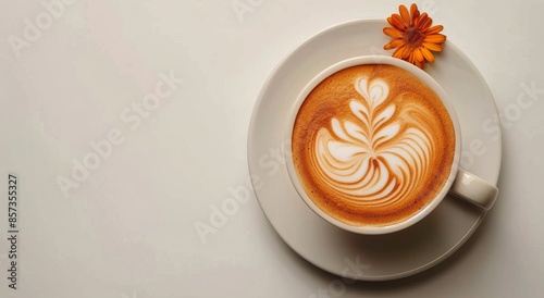 A Cup of Latte With Flower Decoration on a White Surface
