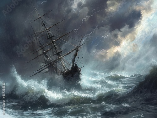 A ship boldly navigates through the raging waves and turbulent skies of a violent storm. photo