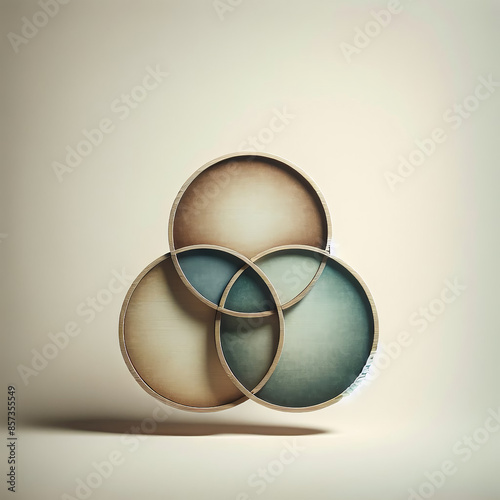 Three Cylindrical Objects with Metal Textures Overlapping Like Venn Diagrams on a Neutral Monochrome Background