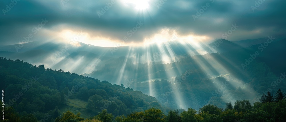 Overcast Rays Overcast sky with sun rays breaking through and illuminating a city ...