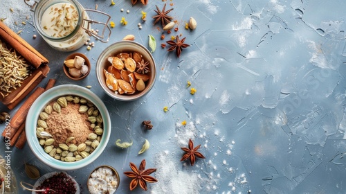 Assorted Spices and Ingredients on a Rustic Background