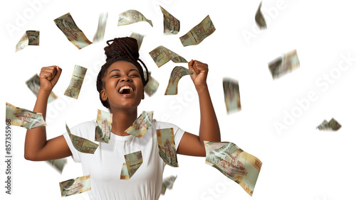 Kenyan shilling notes falling, raining on young black African woman with braids excited amazed suprised jubilating with hands in the air, winner celebration over transparent background, copy space