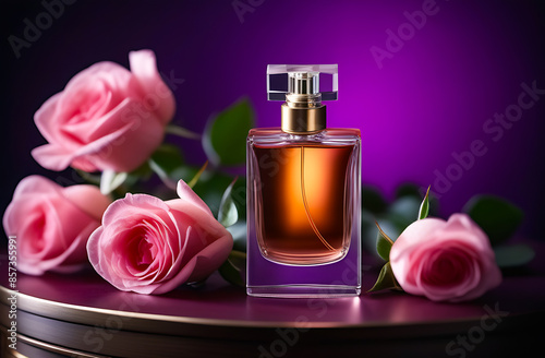  bottle of perfume is on the table and roses