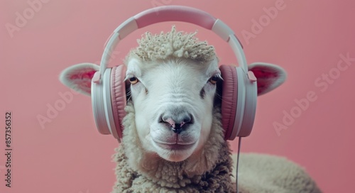 White Sheep Wearing Red Headphones Against Orange Background
