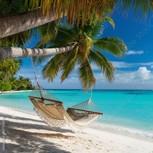hammock on the beach, tree on the beach, beach with coconut trees, beach with coconut palm, beach, palm, sea, tree, island, ocean, tropical, sand, water, sky