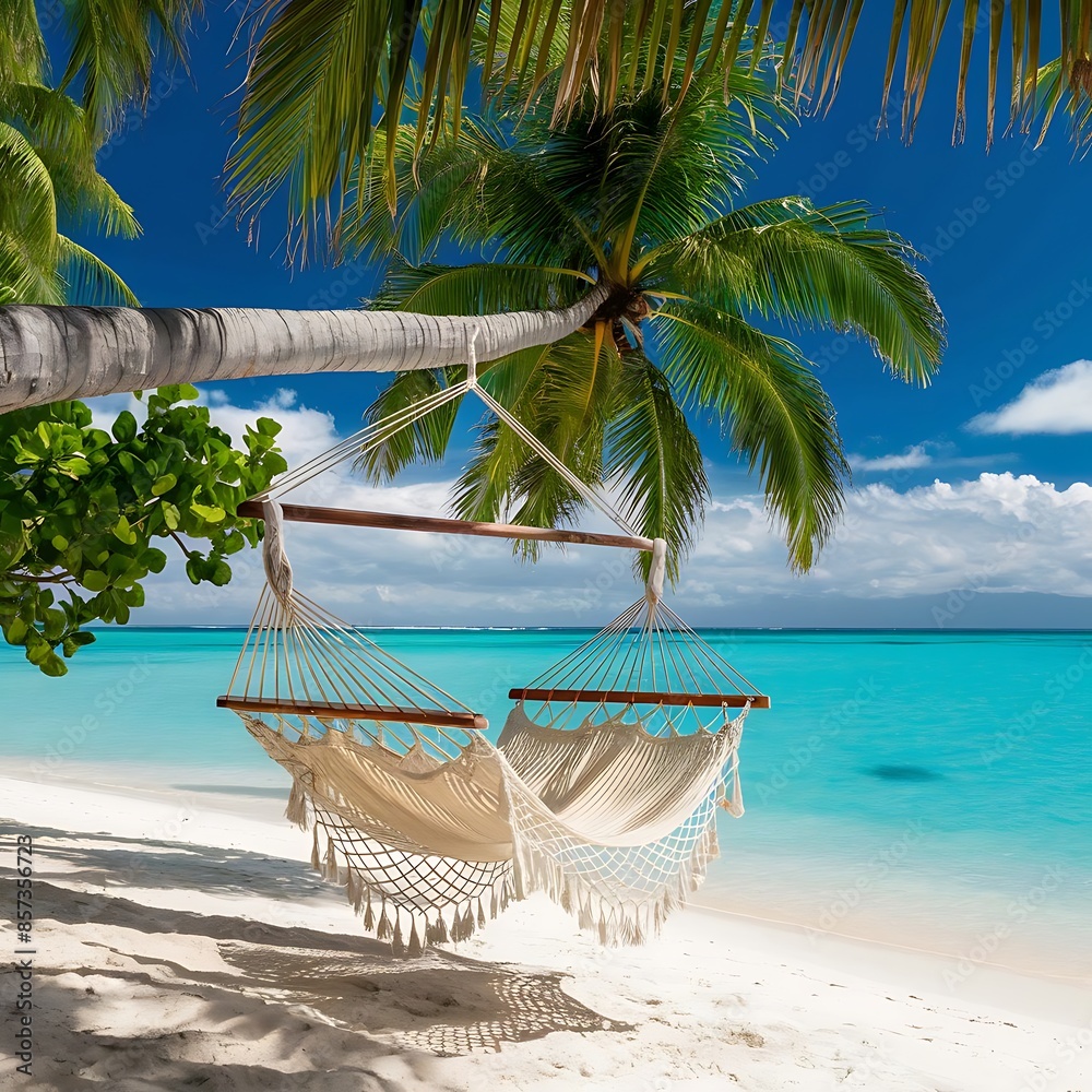 Fototapeta premium hammock on the beach, tree on the beach, beach with coconut trees, beach with coconut palm, beach, palm, sea, tree, island, ocean, tropical, sand, water, sky