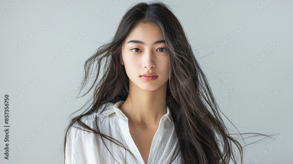 Young beautiful Asian woman with long black hair in white linen shirt on grey wall background. Young beautiful Asian woman with long black hair in white linen shirt on grey wall background.