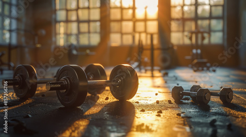 Interior of a gym with heavy equipment. The setting is in a gym with dumbbells and kettlebells in the middle. Sports concept. photo