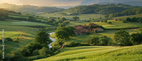 Peaceful countryside with rolling green fields, a winding river, and a quaint village nestled in the valley, perfect for capturing rural charm photo
