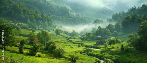 Peaceful countryside with rolling green fields, a winding river, and a quaint village nestled in the valley, perfect for capturing rural charm photo