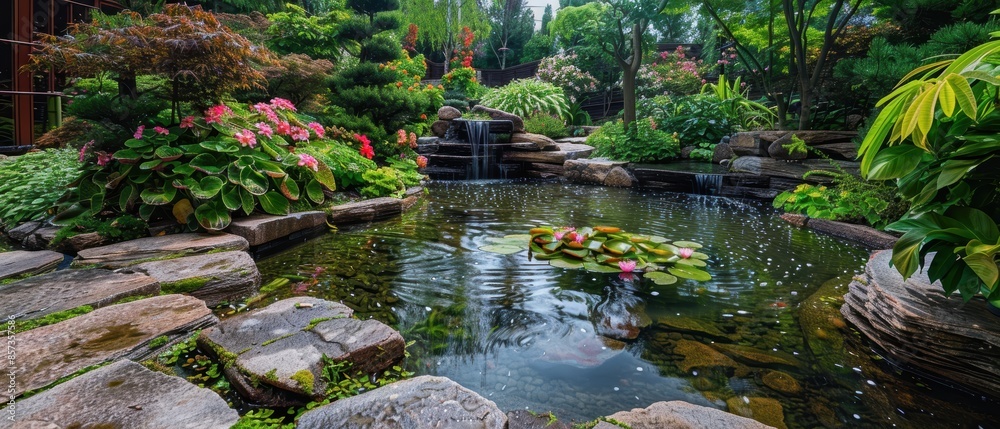 Peaceful garden with blooming flowers and a small pond Peaceful garden with blooming flowers and a small pond