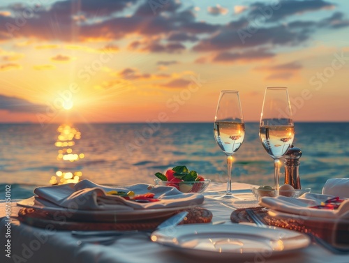 Romantic sunset dinner on the beach. Table honeymoon set for two with luxurious food, glasses of champagne drinks in a restaurant with sea view. Summer love, romance date on vacation concept.
