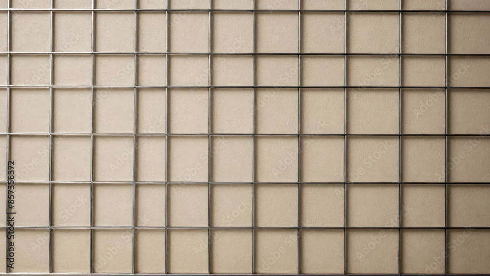 Lattice made of metal thin wire sits against grey background. Grid features both square and rectangular cells, offering unique geometric pattern. Top view of grating. Lattice made of metal thin wire sits against grey background. Grid features both square and rectangular cells, offering unique geometric pattern. Top view of grating.