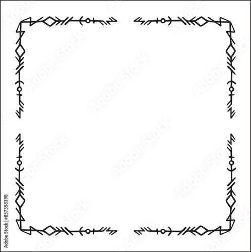 Elegant black and white ornamental frame with Viking runes, decorative border, corners for greeting cards, banners, business cards, invitations, menus. Isolated vector illustration.	