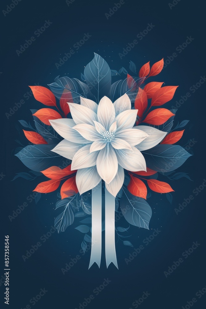 Obraz premium Elegant White Flower With Red Leaves and Ribbon on Dark Blue Background