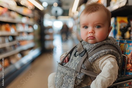 A baby with blue eyes is securely placed in a carrier while in a grocery store. The background is filled with shelves stocked with various products, slightly out of focus.