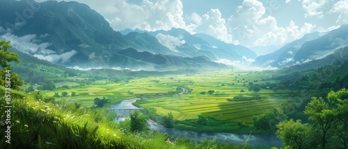 Picturesque valley with a meandering stream and fields