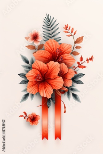 Elegant Orange Hibiscus Flower Bouquet With Red Ribbon