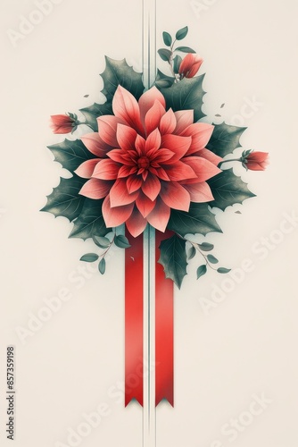 Elegant Red Ribbon Adorned With a Single Pink Flower on a White Background