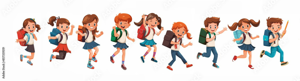 Group of Cheerful Cartoon Children Running with Backpacks and School Supplies Group of Cheerful Cartoon Children Running with Backpacks and School Supplies