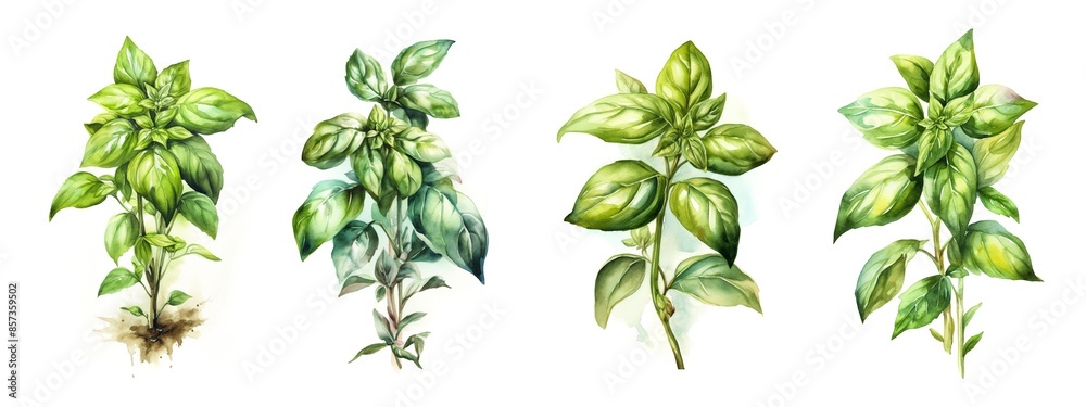 Watercolor set collection with green basil sprig and leaves isolated on a white background. Healthy food and seasoning. AI generated illustration. Watercolor set collection with green basil sprig and leaves isolated on a white background. Healthy food and seasoning. AI generated illustration.