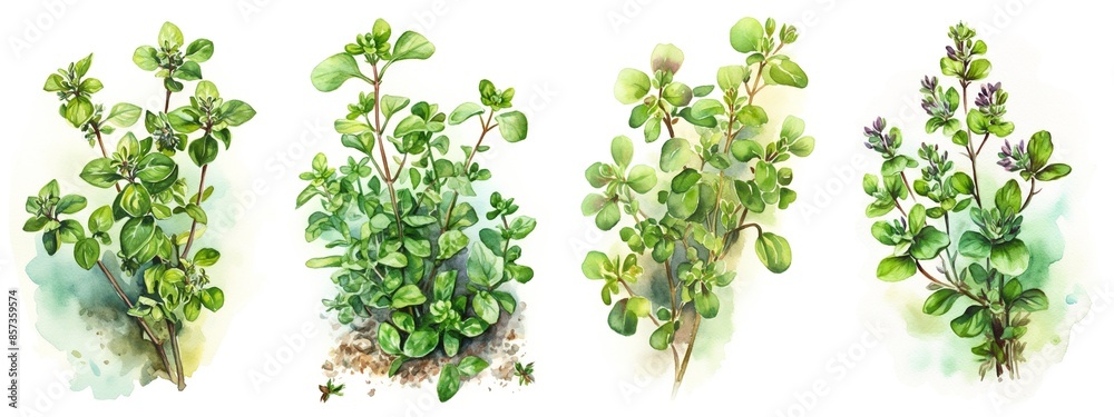 Obraz premium Watercolor set collection with green majoram sprig and leaves isolated on a white background. Healthy food and seasoning. AI generated illustration.
