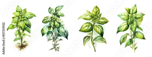 Watercolor set collection with green basil sprig and leaves isolated on a white background. Healthy food and seasoning. AI generated illustration.